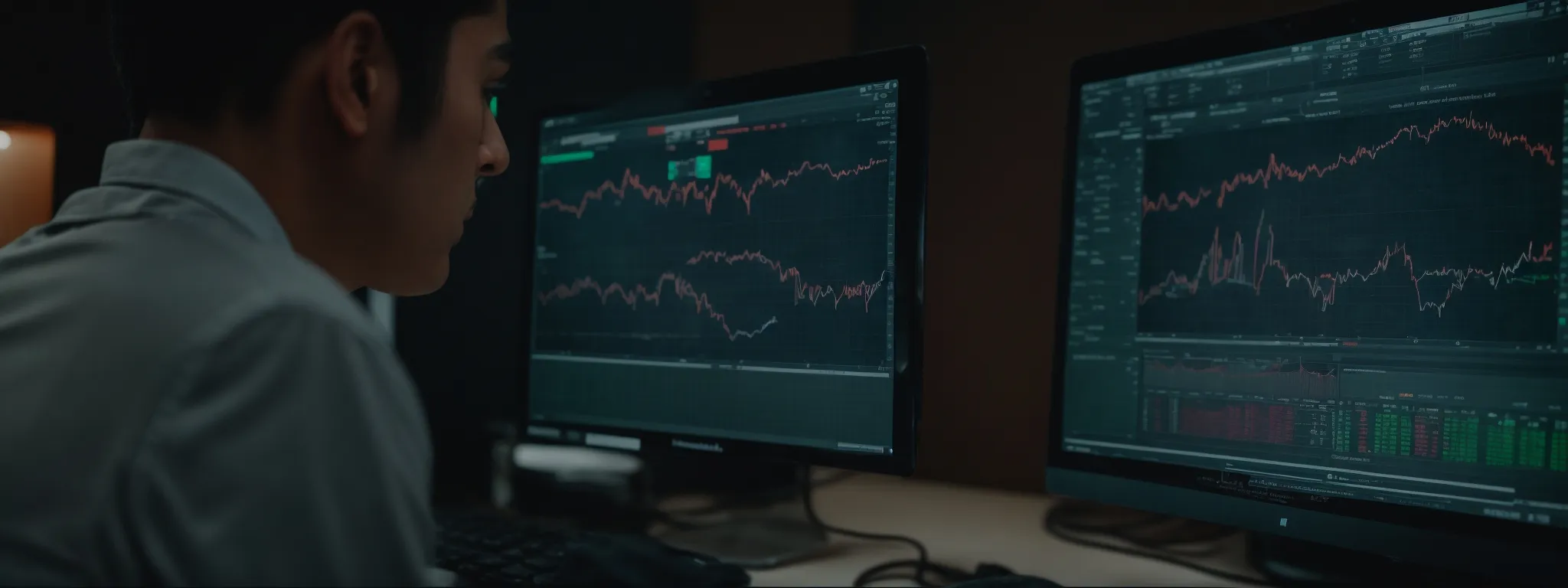 A person sits at a desk analyzing financial data and long-tail keywords on stock charts displayed on two computer monitors in a dimly lit room.
