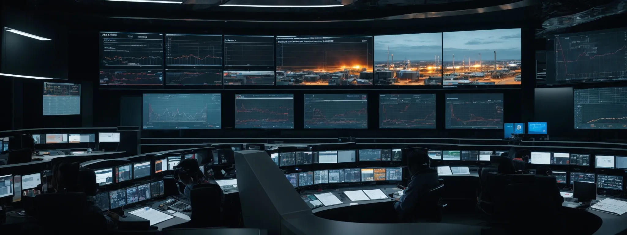 a sleek, high-tech control room with large digital screens displaying interactive data analytics for an oil and gas enterprise.