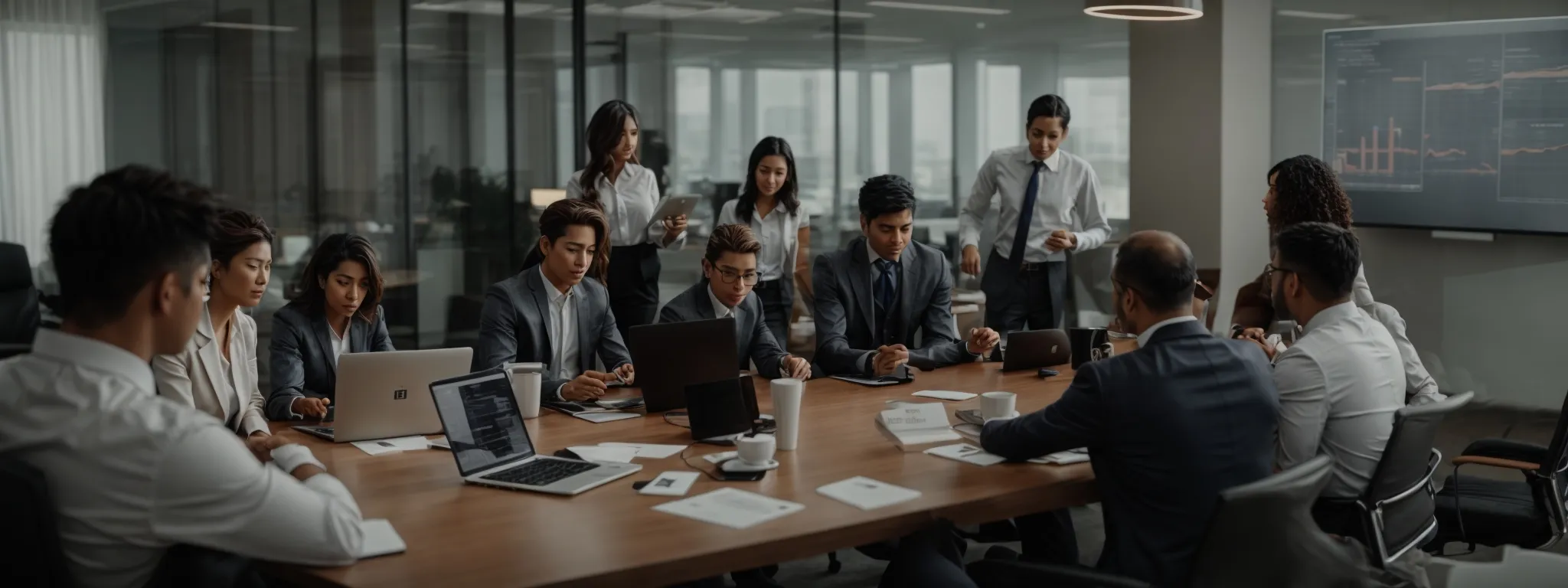 a business team gathering around a conference table, discussing strategies with a laptop displaying analytics charts.