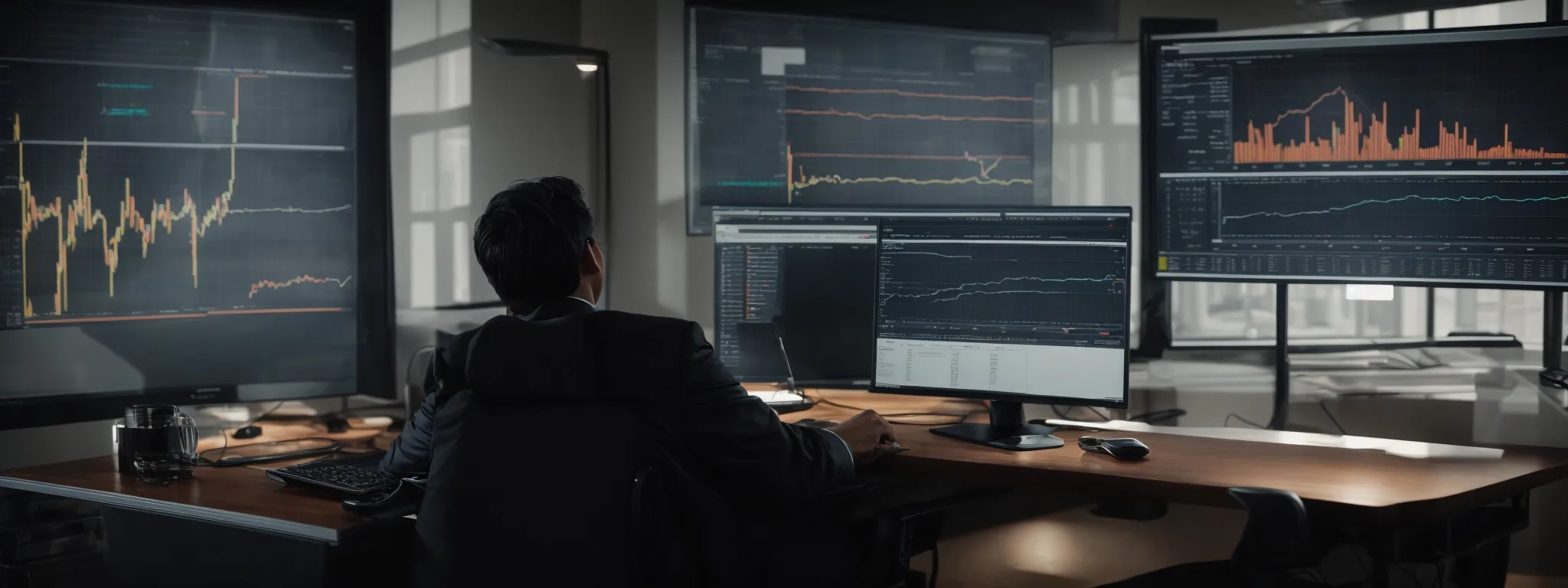 a professional analyzing charts and graphs on a large monitor displaying website analytics and social media metrics.