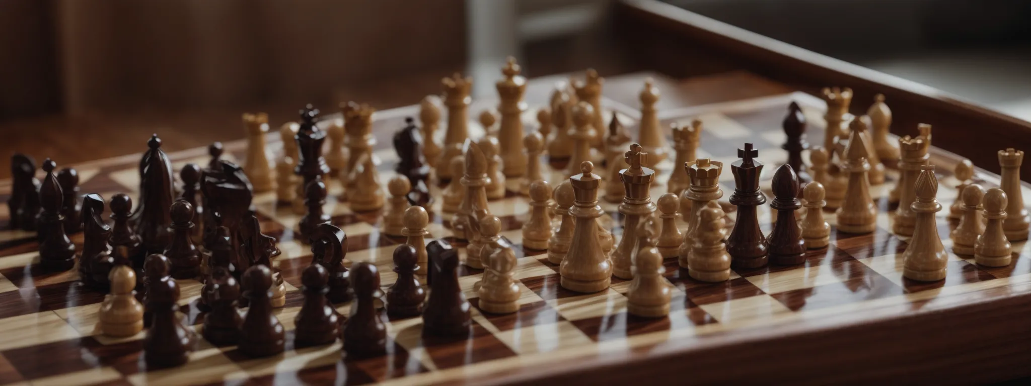 a chessboard with individual chess pieces strategically placed, hinting at a grander strategy in play.