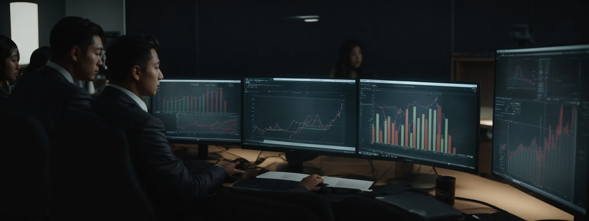 a business team analyzes charts and graphs on a large monitor displaying marketing metrics and customer segmentation data.