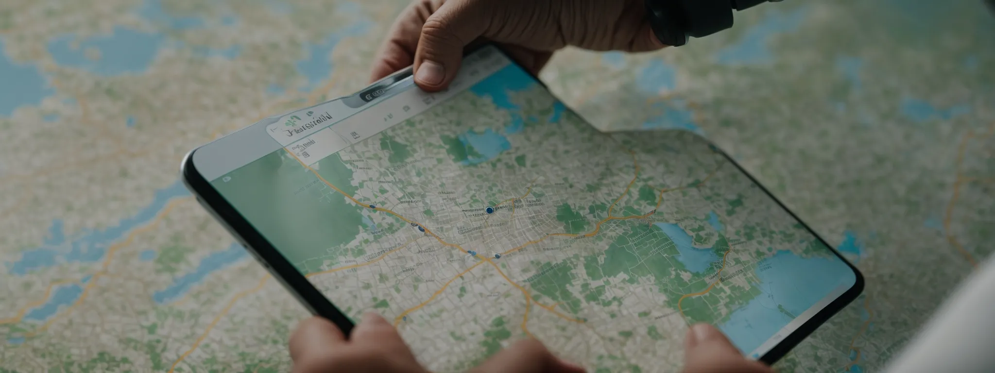 a person interacting with a digital map on a mobile device pinpointing insurance agencies in the local area.
