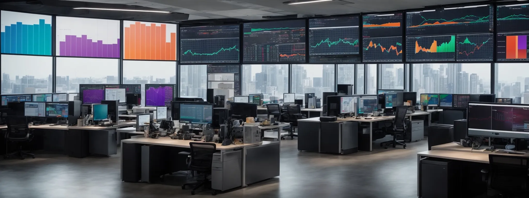 a modern office with multiple computer screens displaying colorful graphs and marketing analytics.