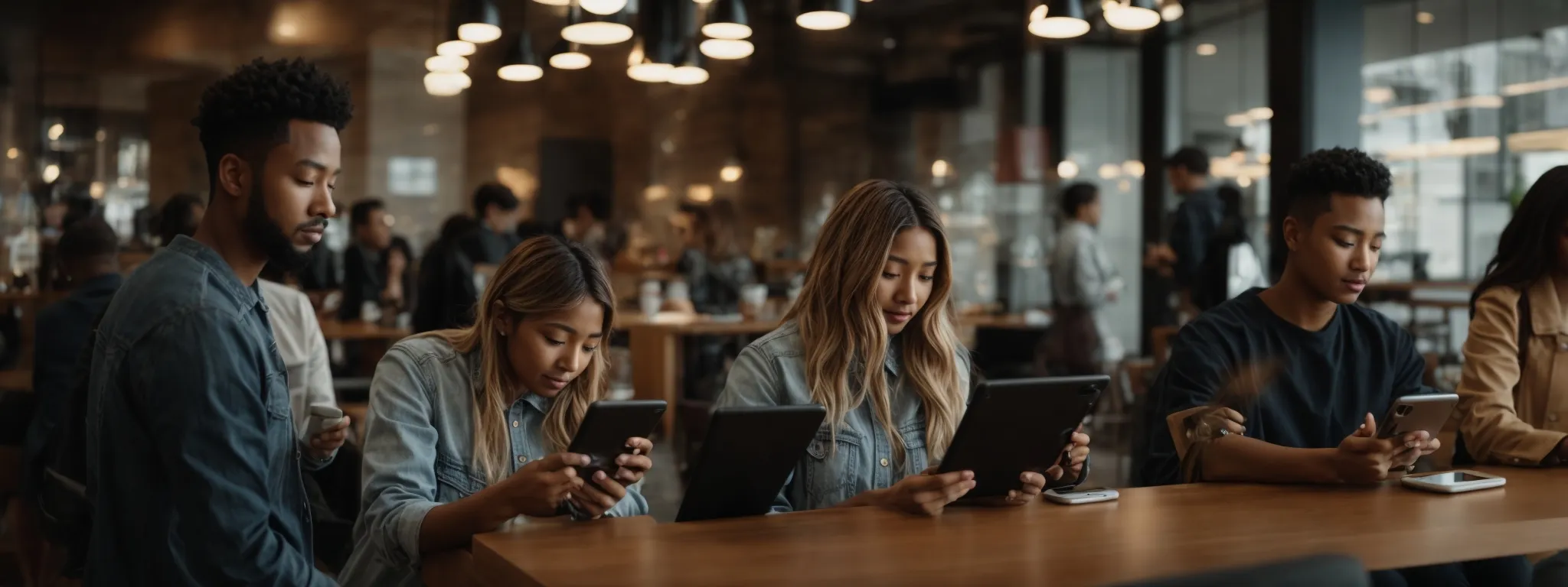 a group of diverse people engaging with smartphones and tablets in a bright, modern cafe, symbolizing active participation in social media.