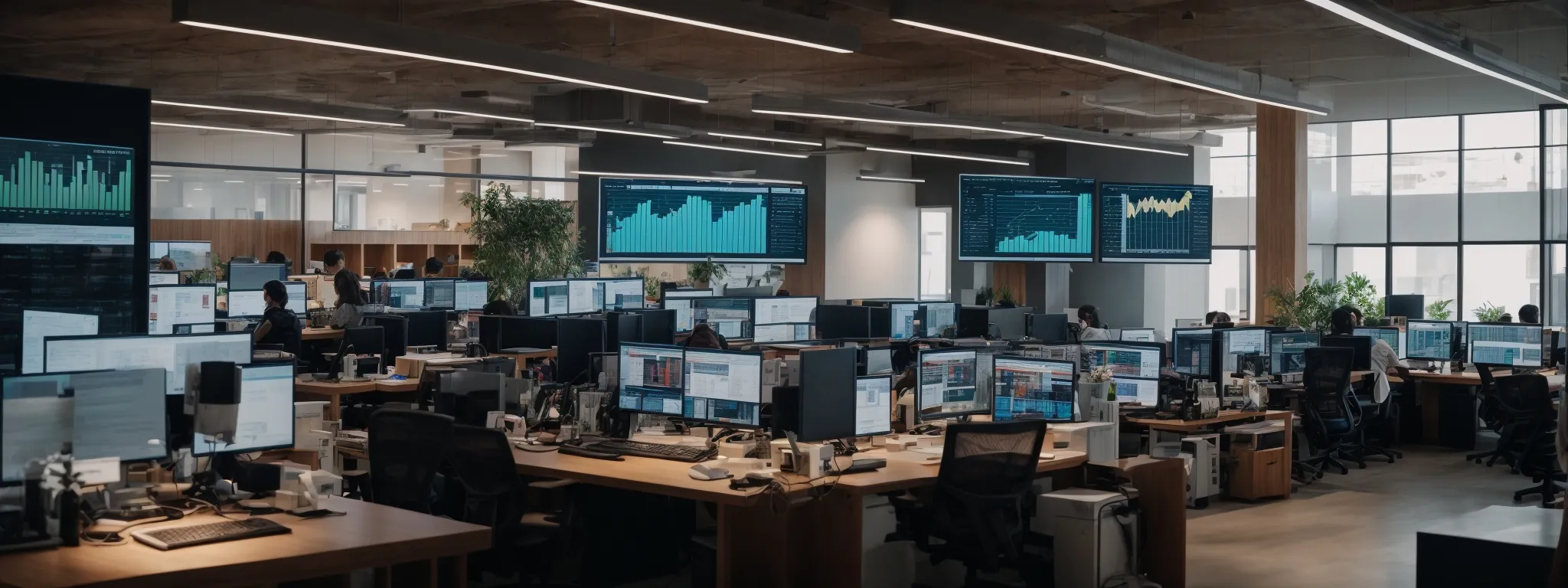 a bustling digital marketing office, with screens displaying colorful analytics and graphs, where professionals strategize over an expansive digital landscape.