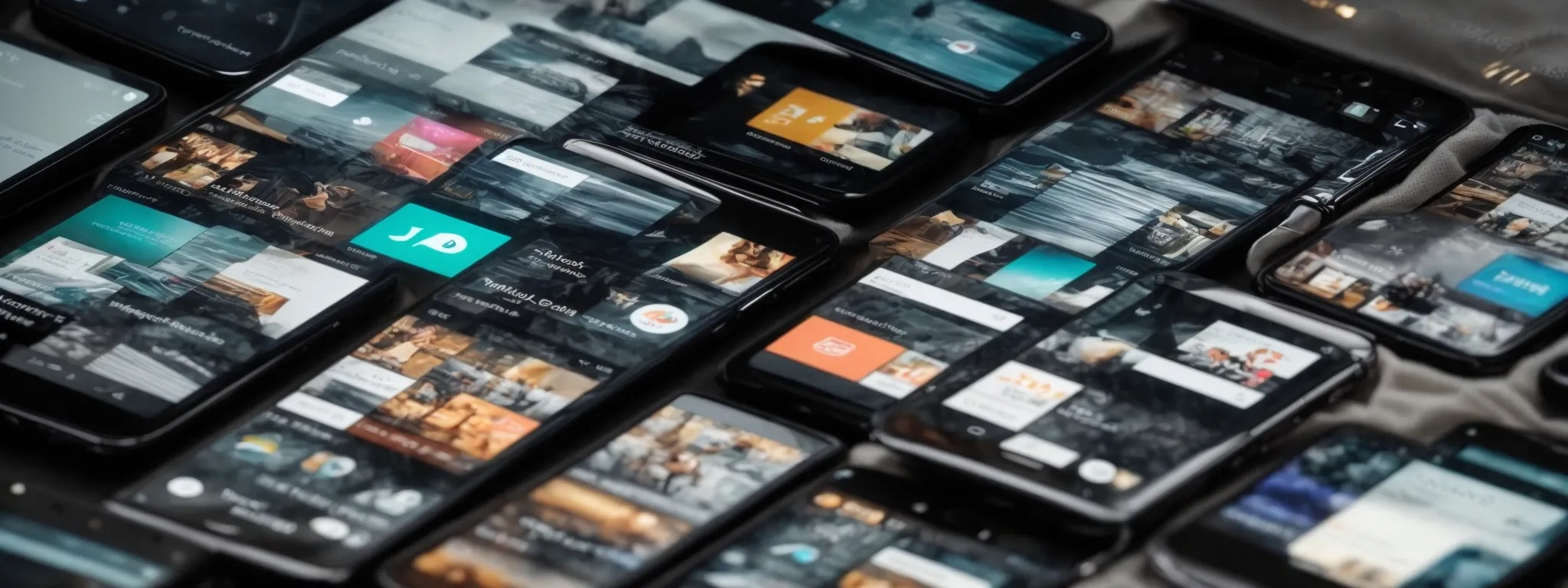 a smartphone displaying a dynamic website layout amidst a variety of mobile devices.