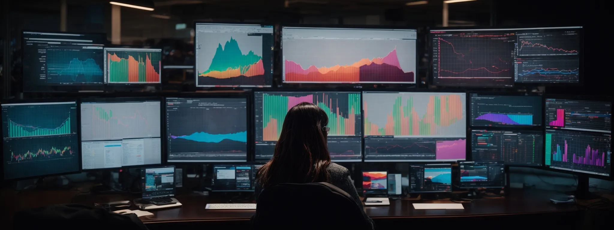 a person sitting at a desk with multiple computer screens displaying colorful graphs and website analytics.
