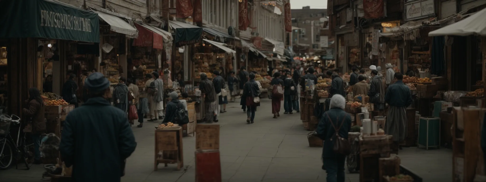 a bustling small-town market street with various storefronts and people browsing.