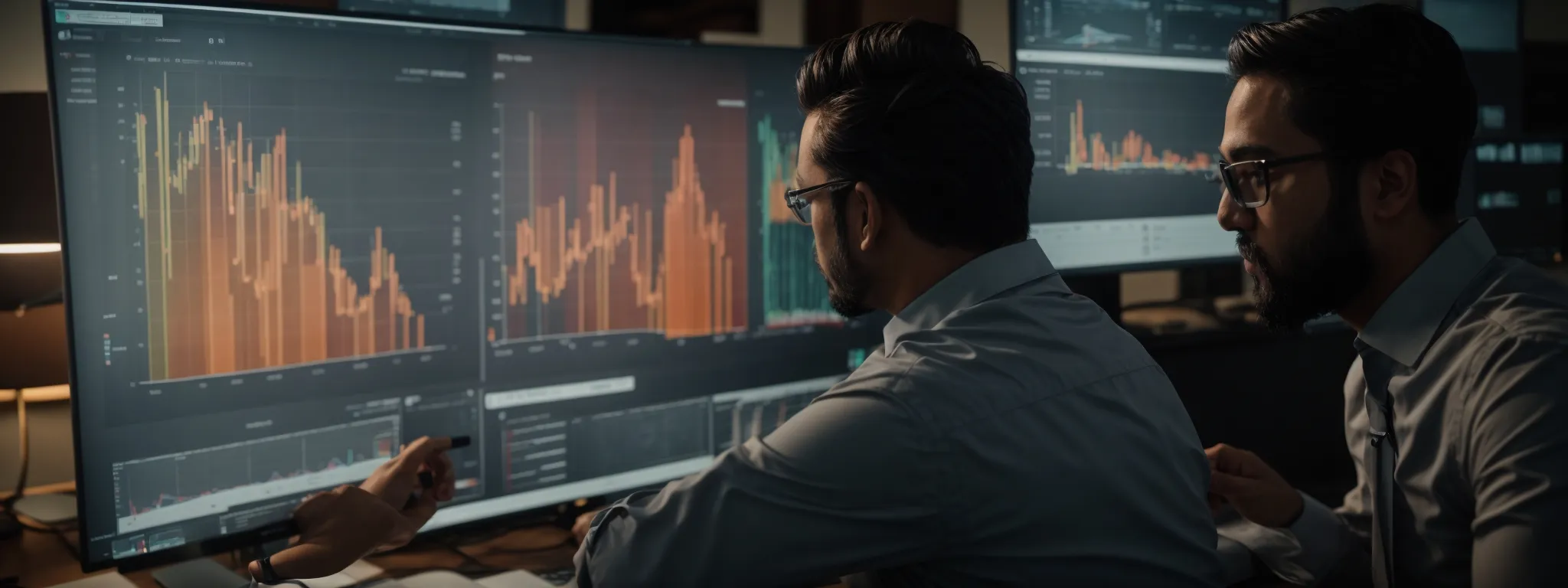 two marketing professionals study graphs and charts on a large monitor displaying website analytics and engagement metrics.