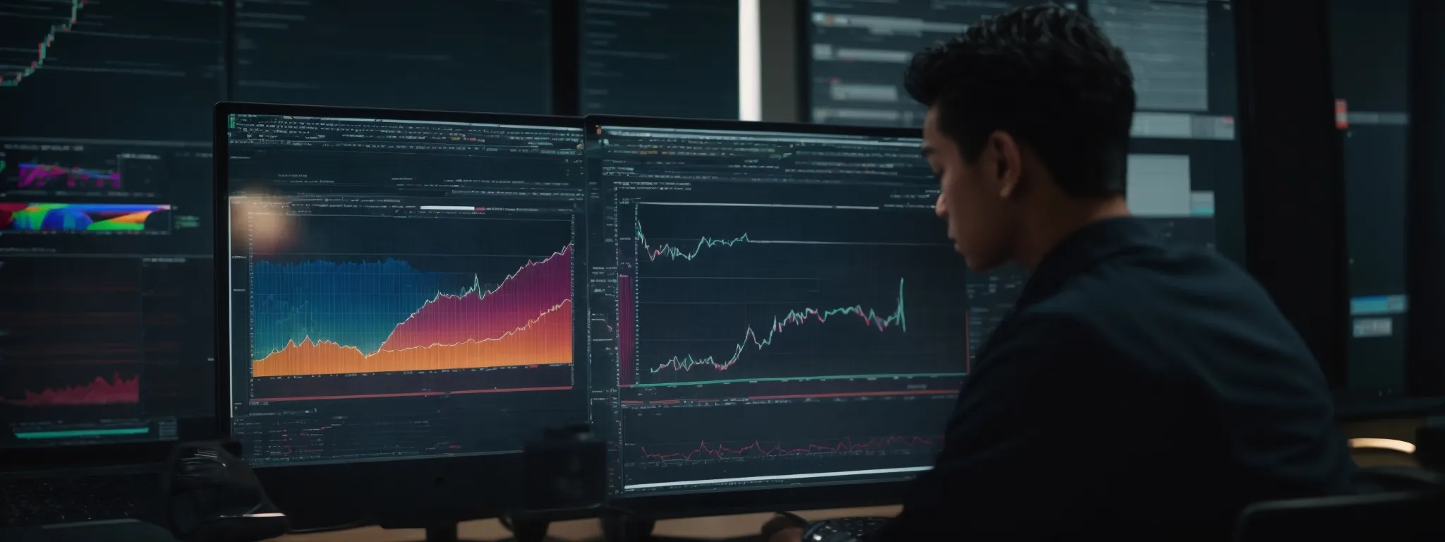 a person analyzing colorful graphs and charts on a modern computer interface to optimize a website's search engine ranking.