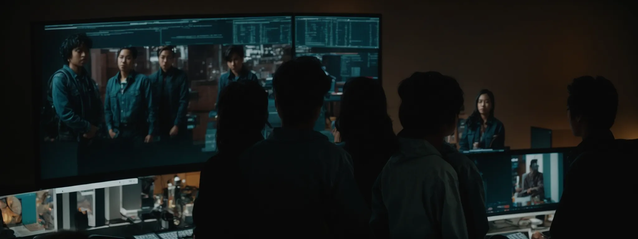 a diverse group of people gathered around a large computer screen, discussing and analyzing content.