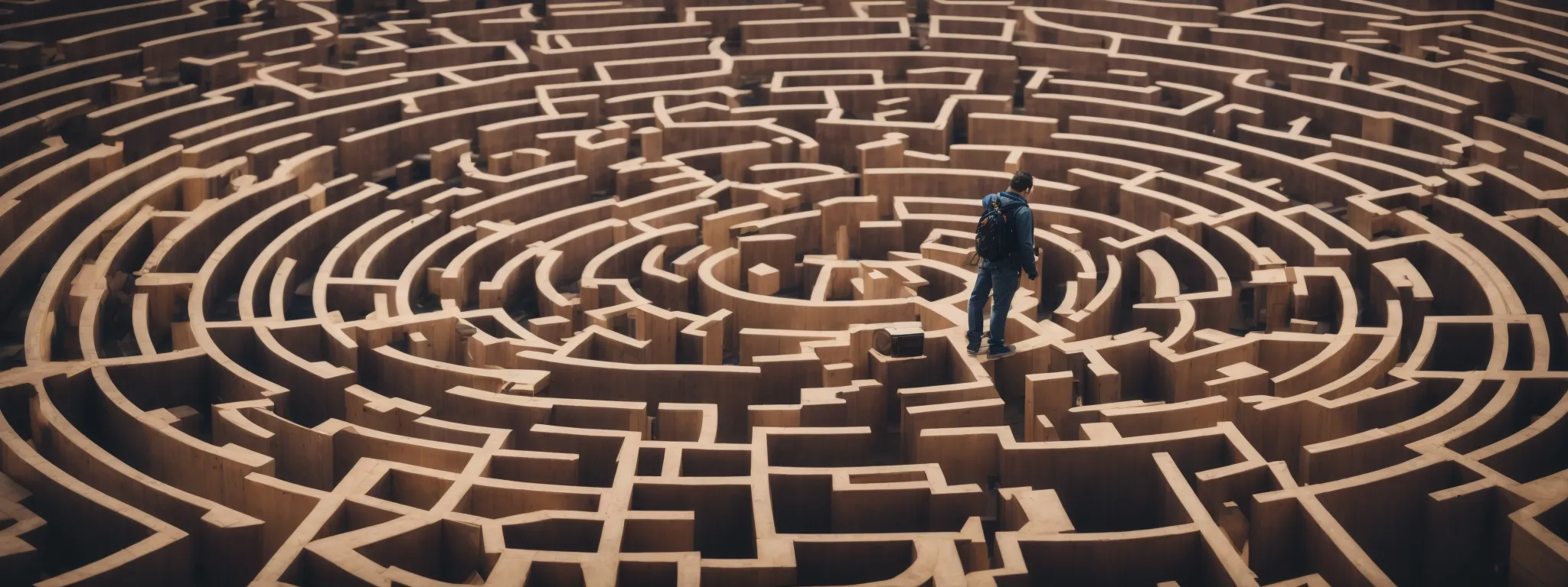 a professional navigating an expansive virtual maze representing the quest for enhanced online visibility through seo and link building.
