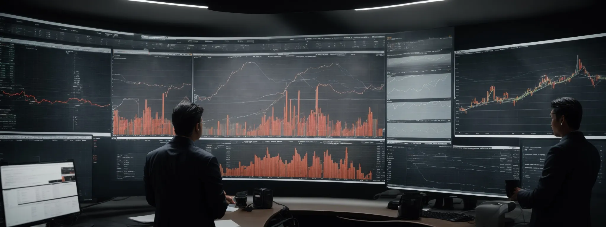 a marketing team analyzes graphs on a large screen, reflecting the increasing average order value resulting from their latest campaign.