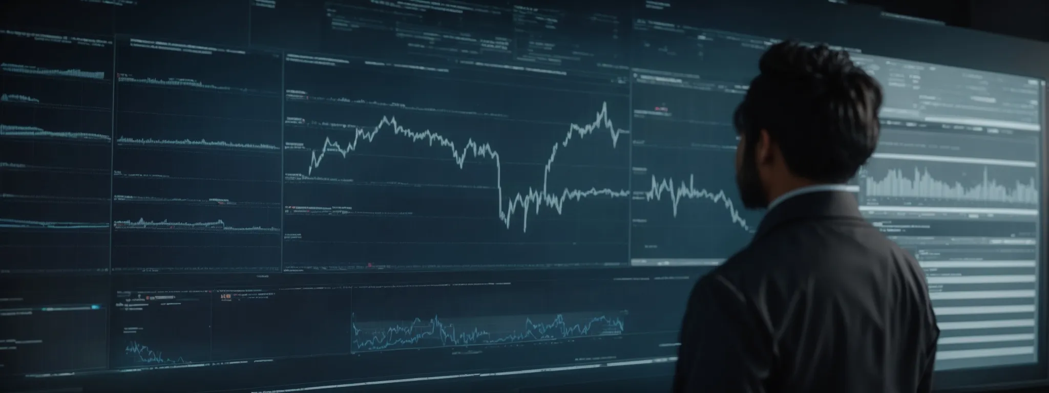 A person in a suit looks at a large digital screen displaying multiple financial charts and data visualizations.