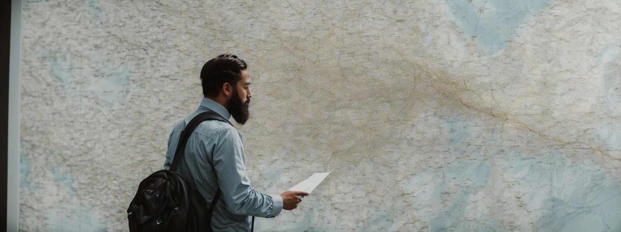 a strategist reviewing a large, interconnected network map, highlighting possible connection paths.