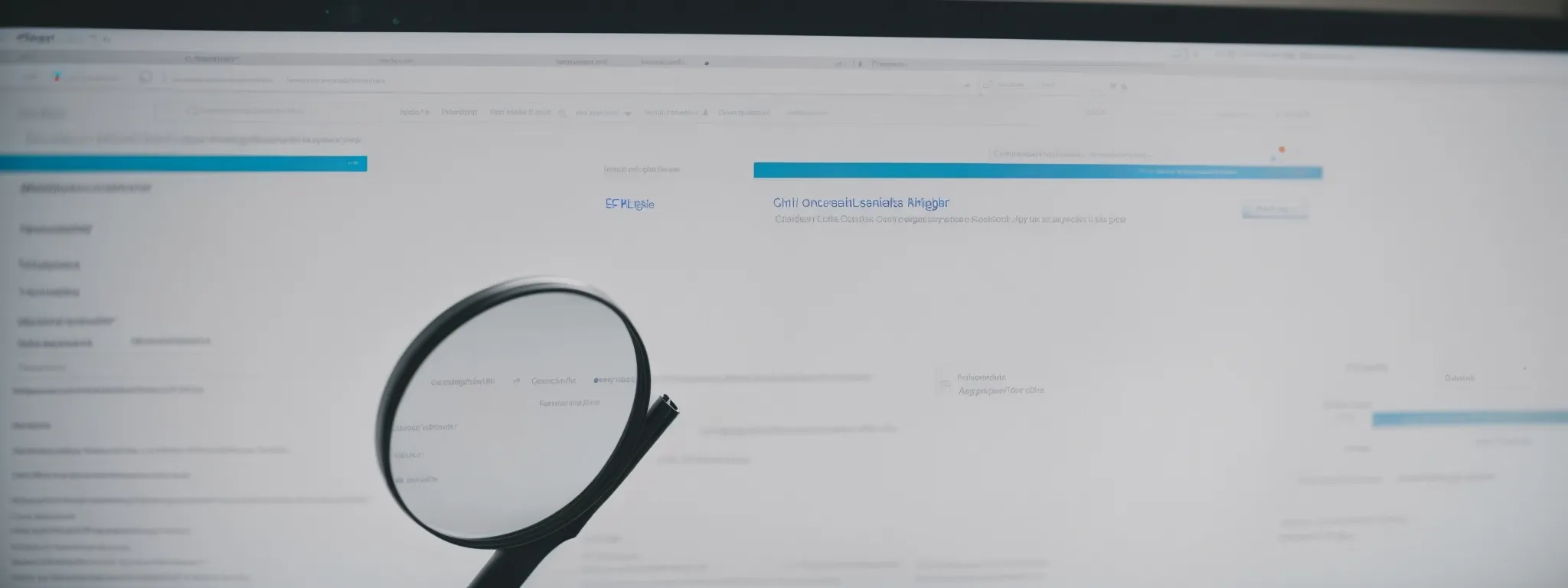 a close-up of a magnifying glass hovering over a computer screen displaying a search engine's results page.