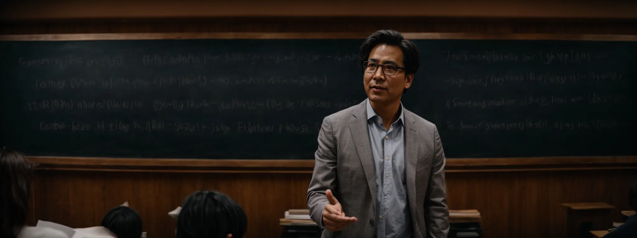 a professor stands before a chalkboard filled with english language rules, gesturing toward a list of pronouns.