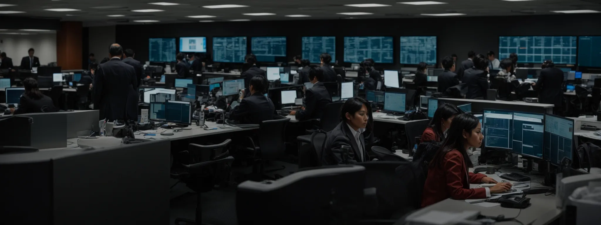 a busy newsroom with journalists examining analytics on computer screens while discussing strategies.