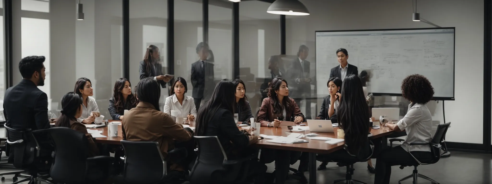 a diverse group of professionals gathered around a conference table, intently discussing and strategizing on a whiteboard filled with seo concepts and ideas.
