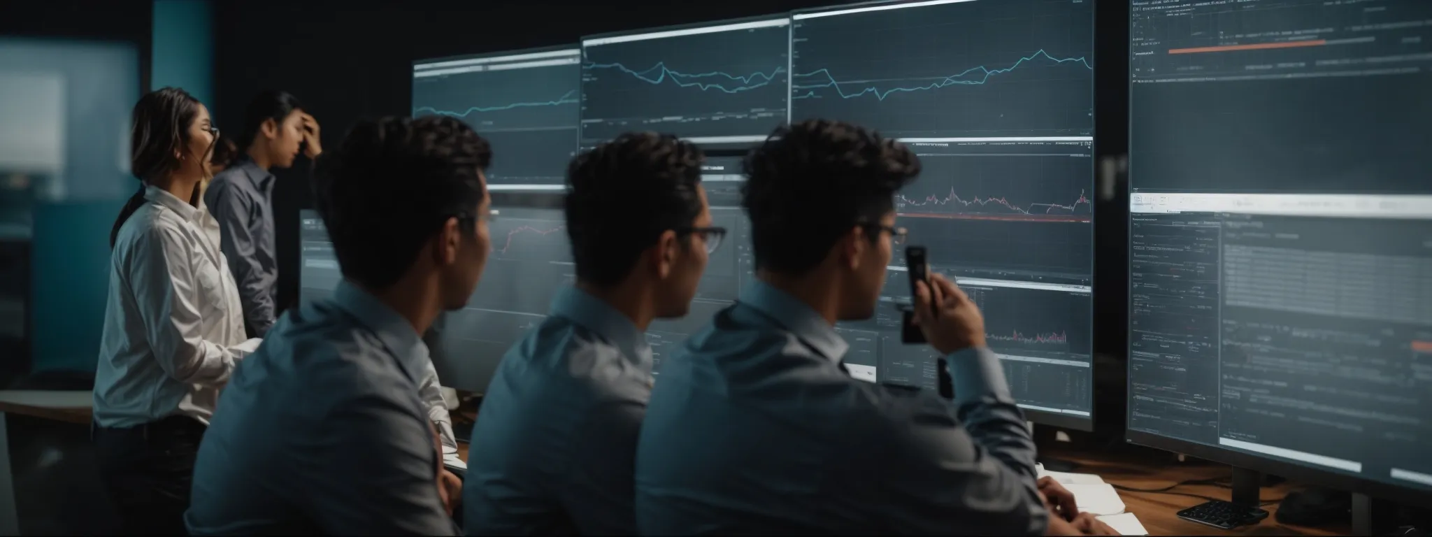a professional marketing team analyzes website data on a large monitor, strategizing to enhance user experience and improve conversions.
