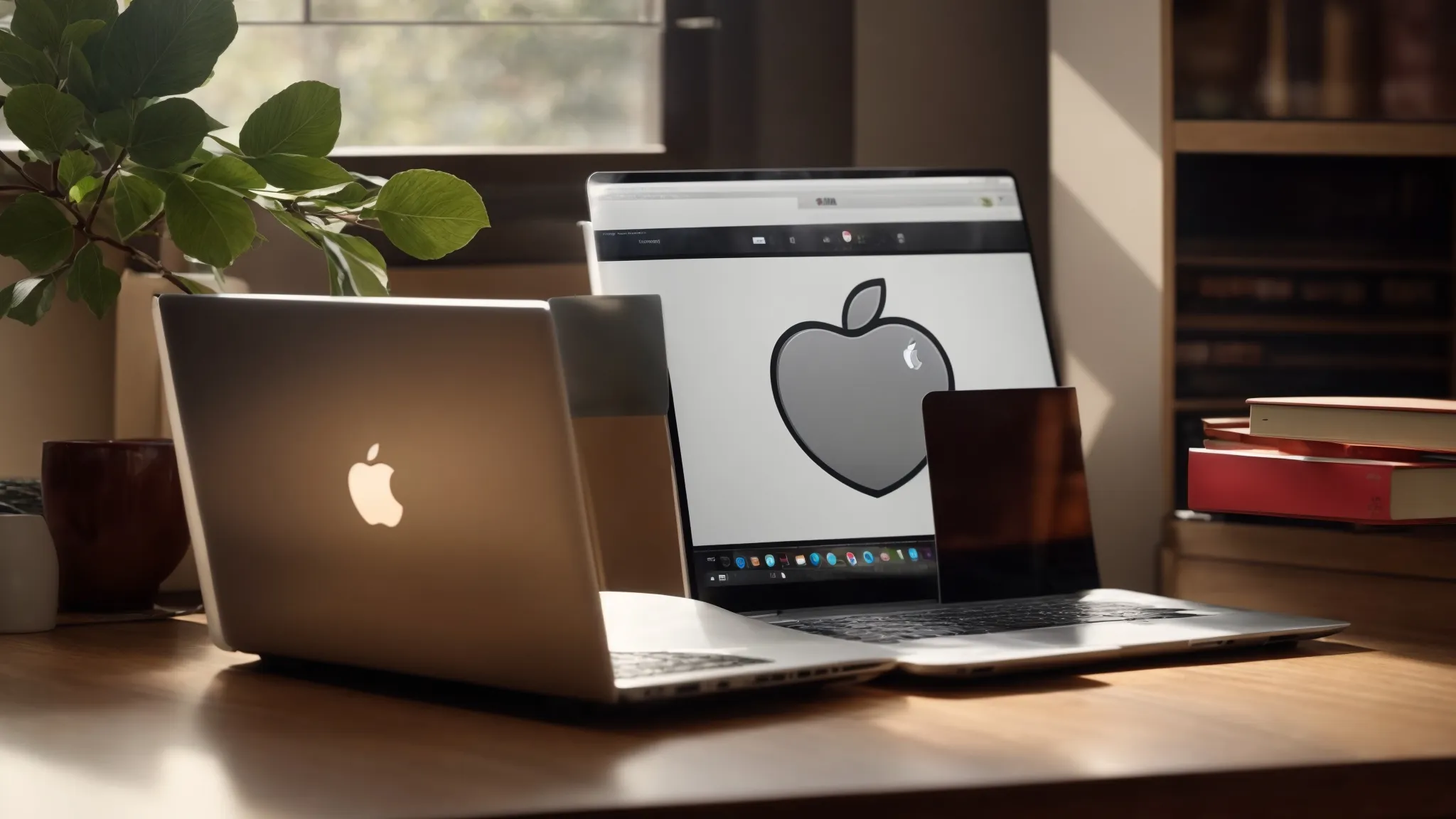 a laptop displaying an inbox with a shield icon while an apple rests on the desk beside it.