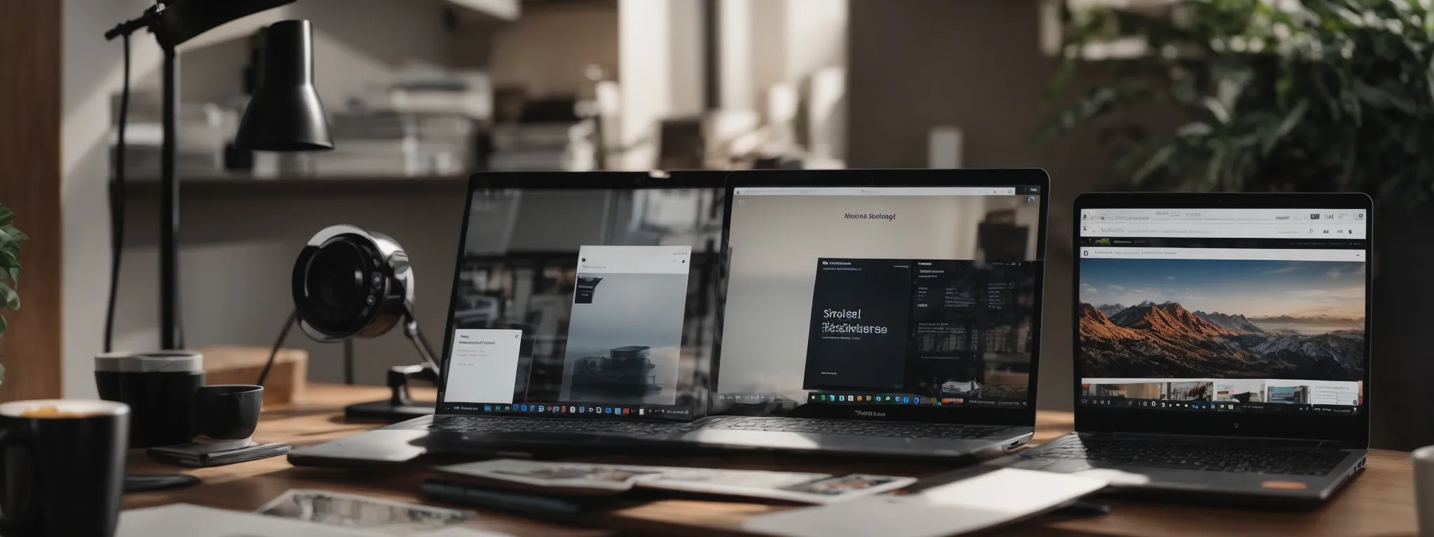 a laptop with a shopify store on the screen rests on a modern desk with seo strategy notes flanking it.