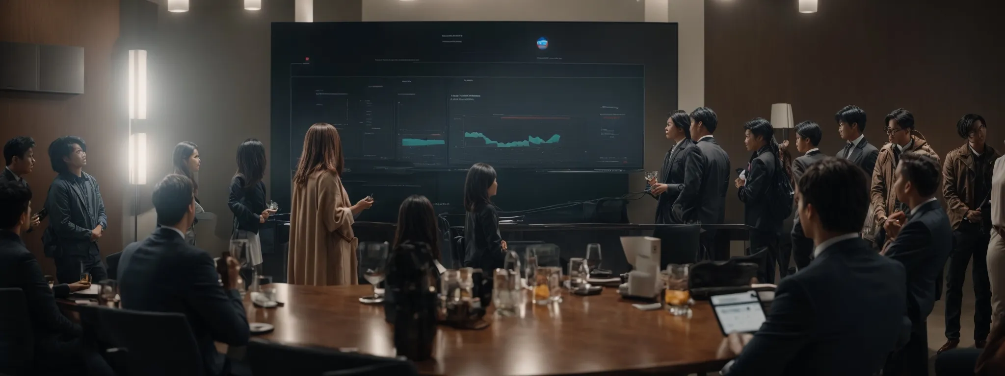 a group of individuals gathered around a large screen displaying rising analytics, indicating growing social media engagement.