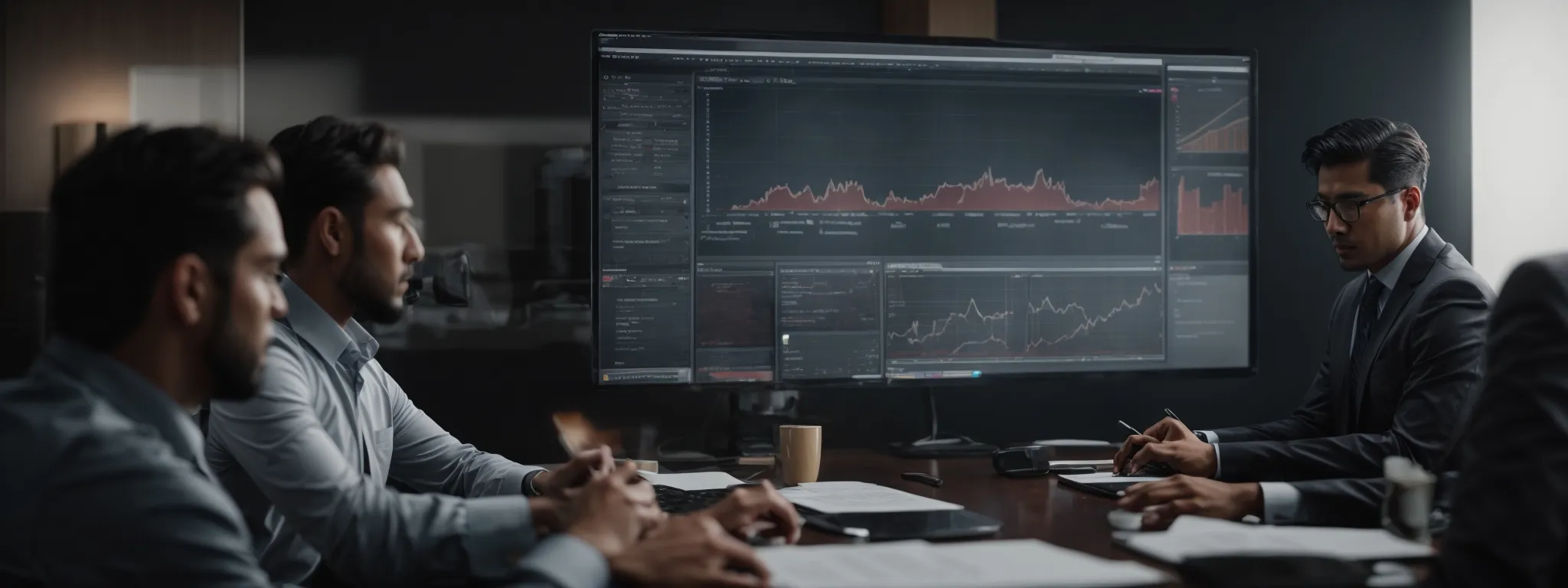 a professional marketing meeting focusing on seo strategy diagrams and website analytics on digital screens.