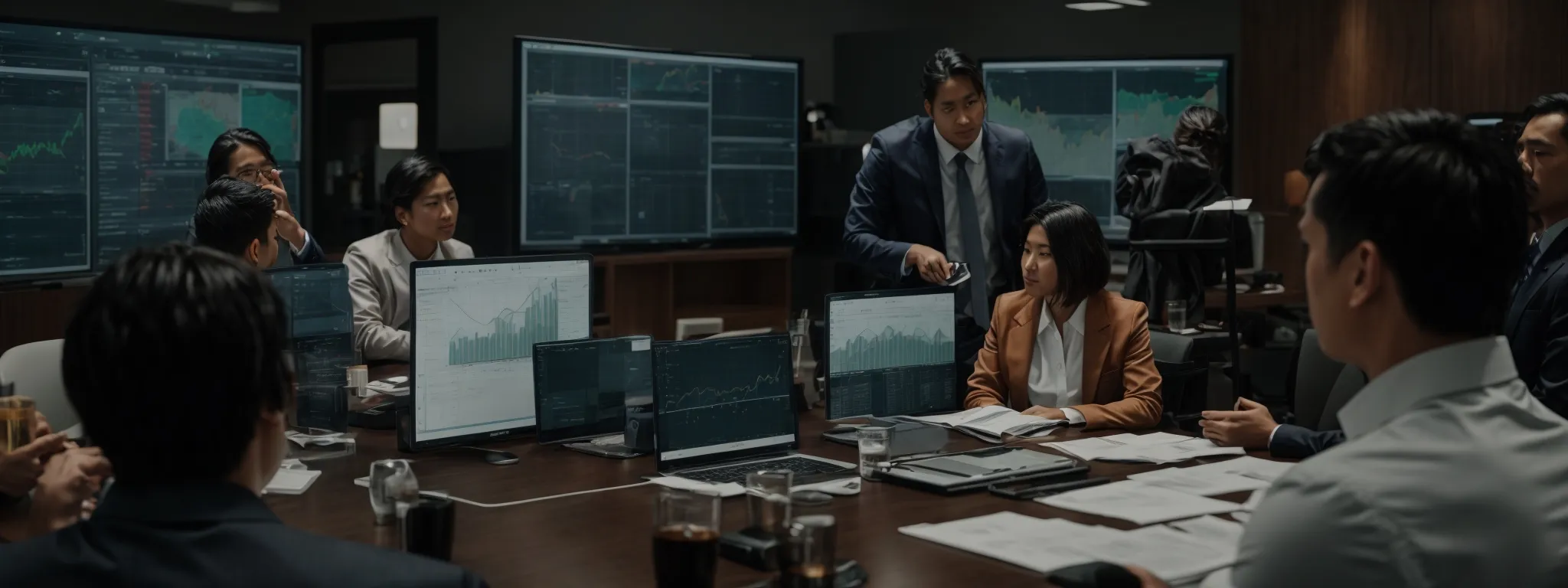 a team gathers around a conference table, scrutinizing charts on a digital screen to strategize their next marketing moves.