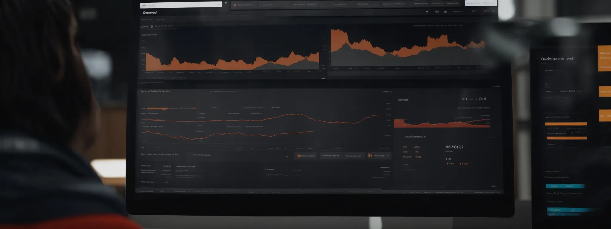 a busy online store dashboard displaying real-time sales analytics with an email campaign tool open on a computer screen.