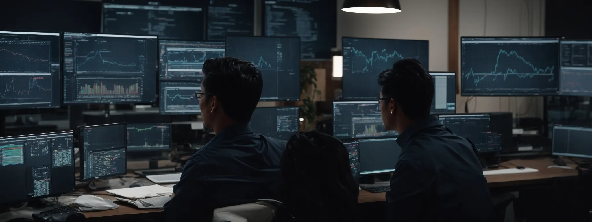 a marketer analyzing complex data visualizations on multiple computer monitors to refine an seo strategy.