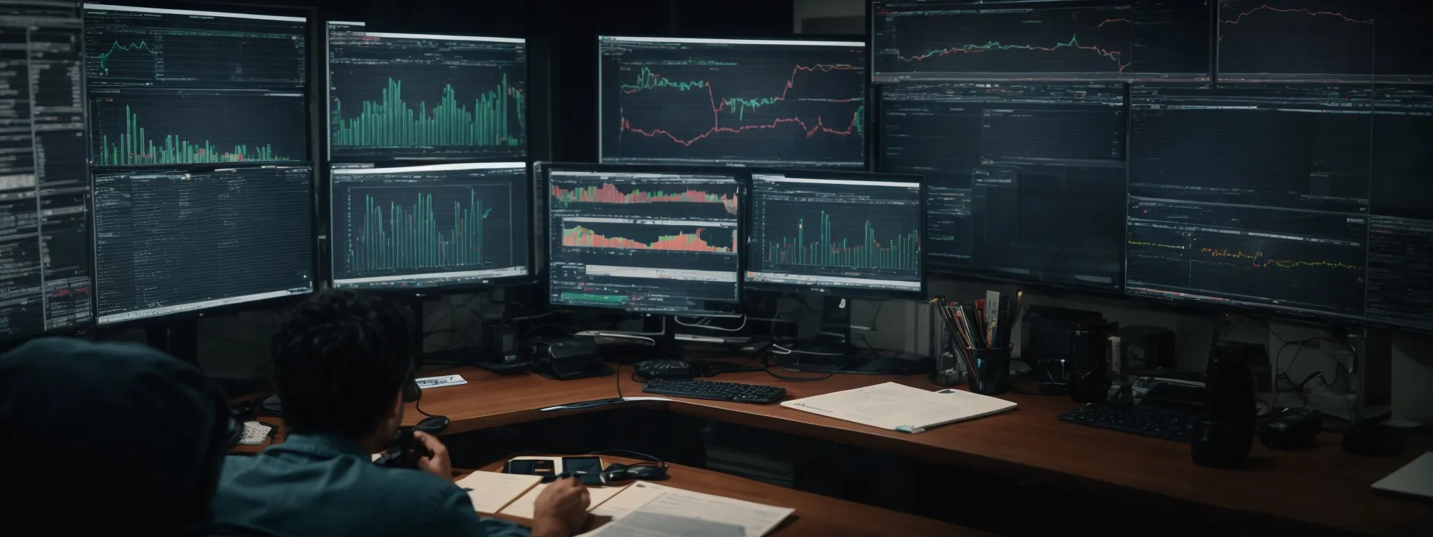 a person sits at a desk with a computer displaying spreadsheets and charts, analyzing a complex network of lines symbolizing backlinks.