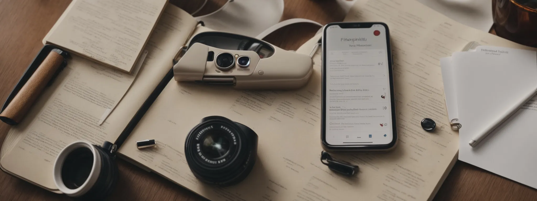 a smartphone displaying search results on its screen, resting on a table with seo strategy notes scattered around.