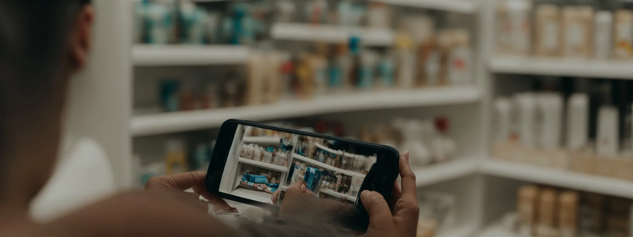 a shopper uses their smartphone to snap a picture of a product for an instant visual search on an e-commerce platform.