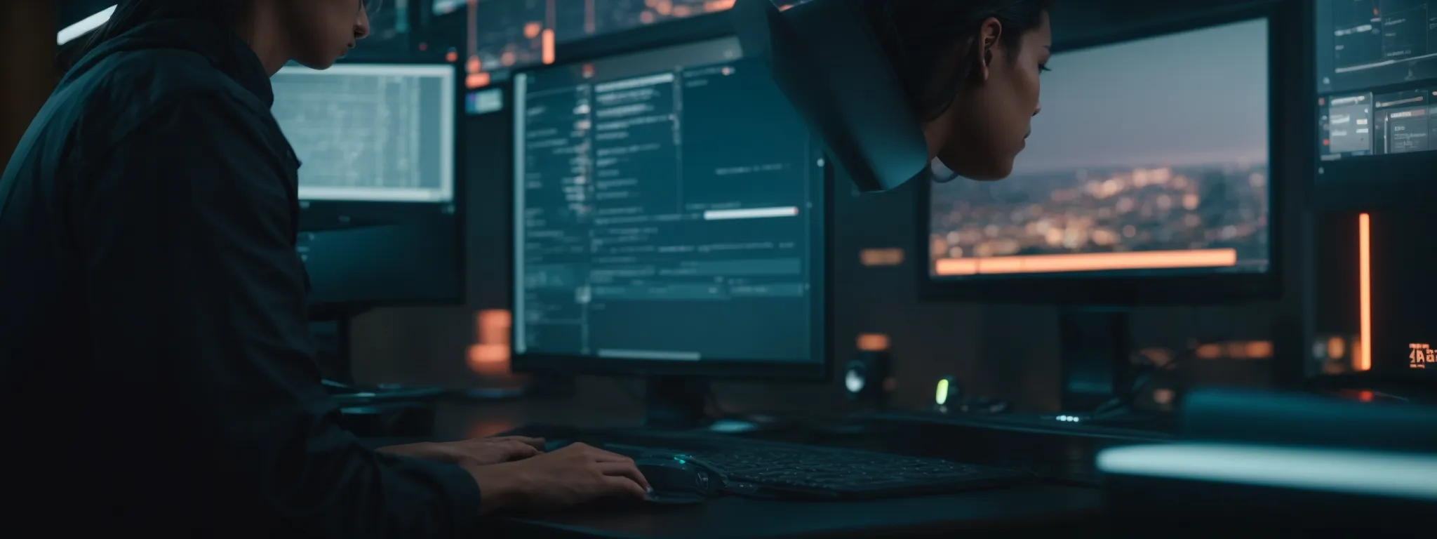 Two people work at a desk with multiple computer monitors displaying code and data in a dimly lit room.