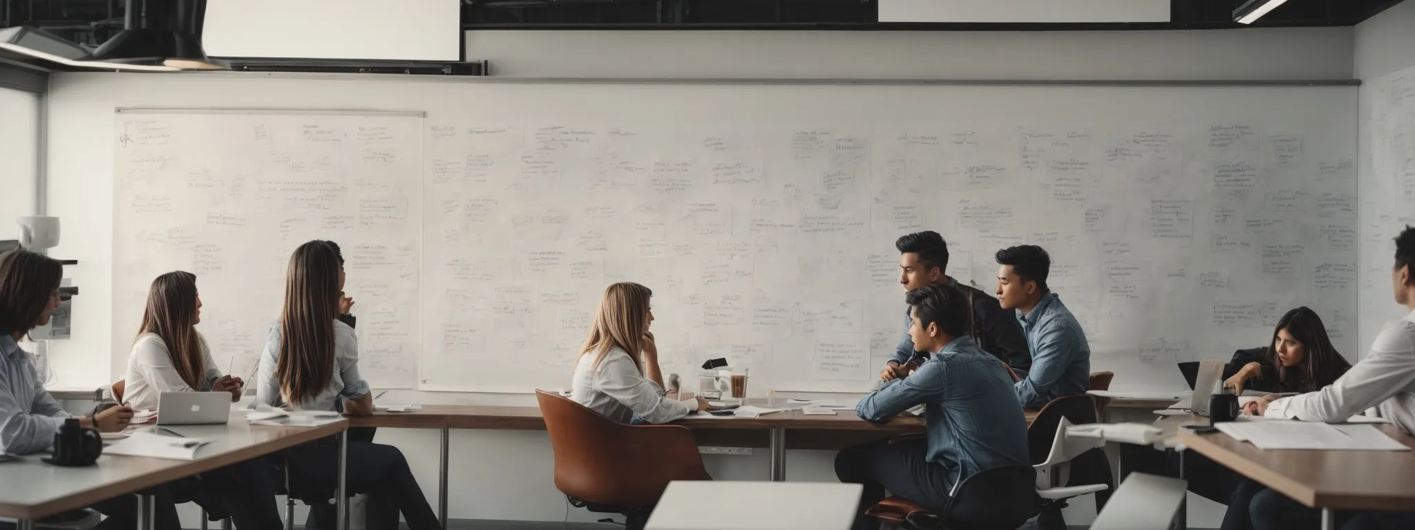 a professional brainstorming session with a whiteboard filled with strategic keywords and storytelling concepts.