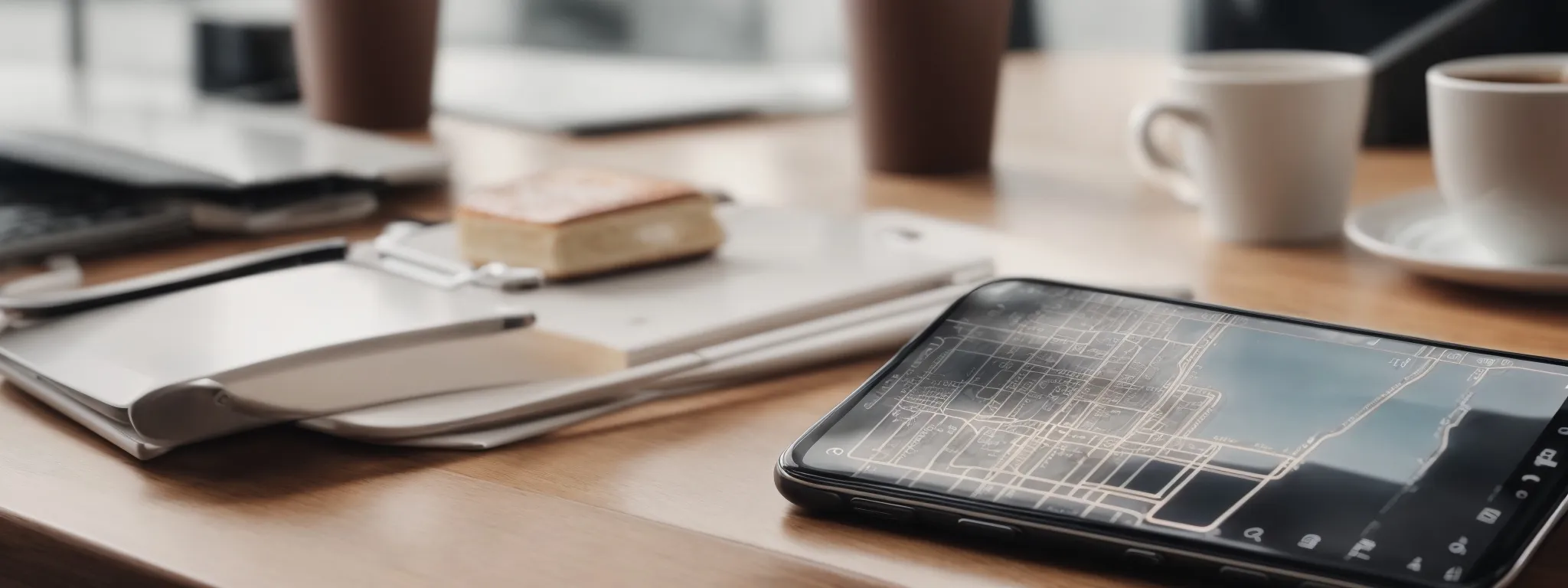 a smartphone displaying architectural designs and graphs while resting next to a coffee cup on a modern desk.