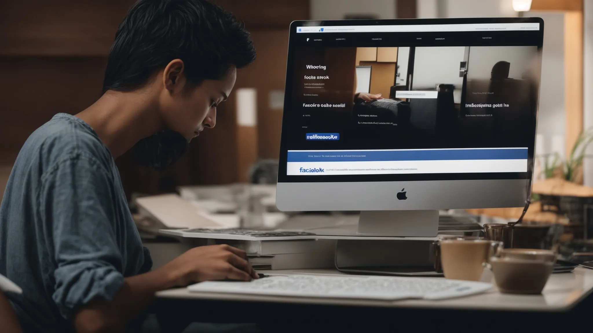 a person sitting at a computer browsing through the facebook website on the screen, contemplating their social media presence.