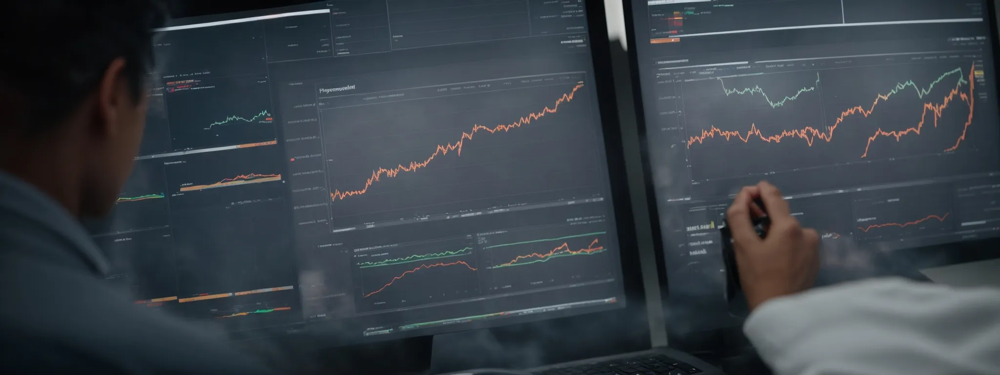 a person analyzing charts and graphs on a computer screen showing website traffic and advertising metrics.