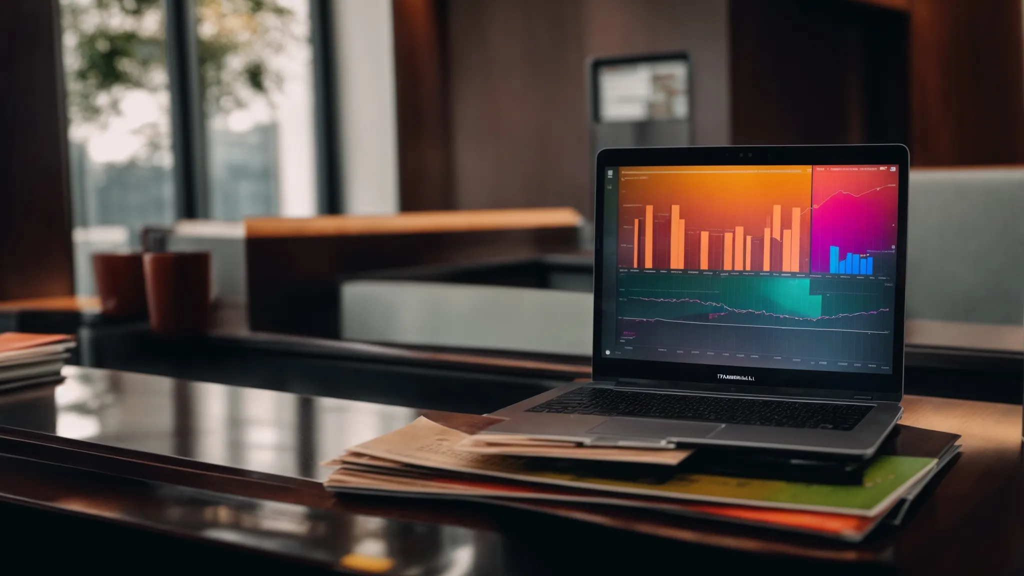a laptop open on a hotel reception desk displaying colorful graphs and charts.
