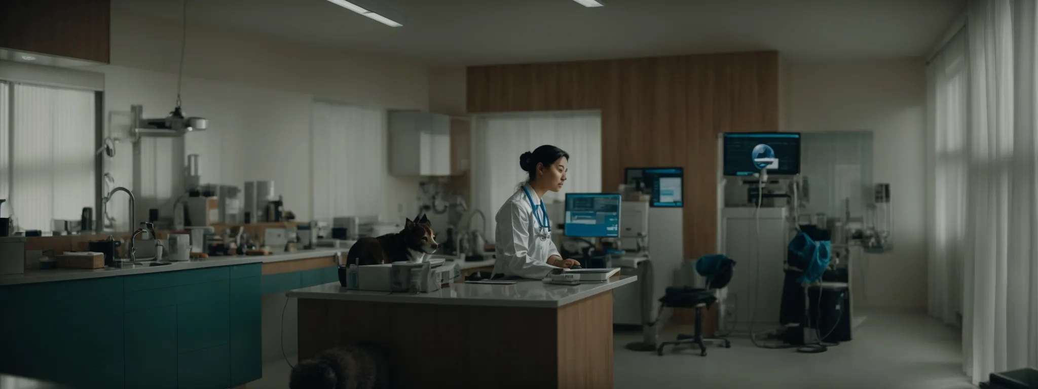 a veterinarian records an educational video about pet healthcare amidst the backdrop of a modern animal clinic.
