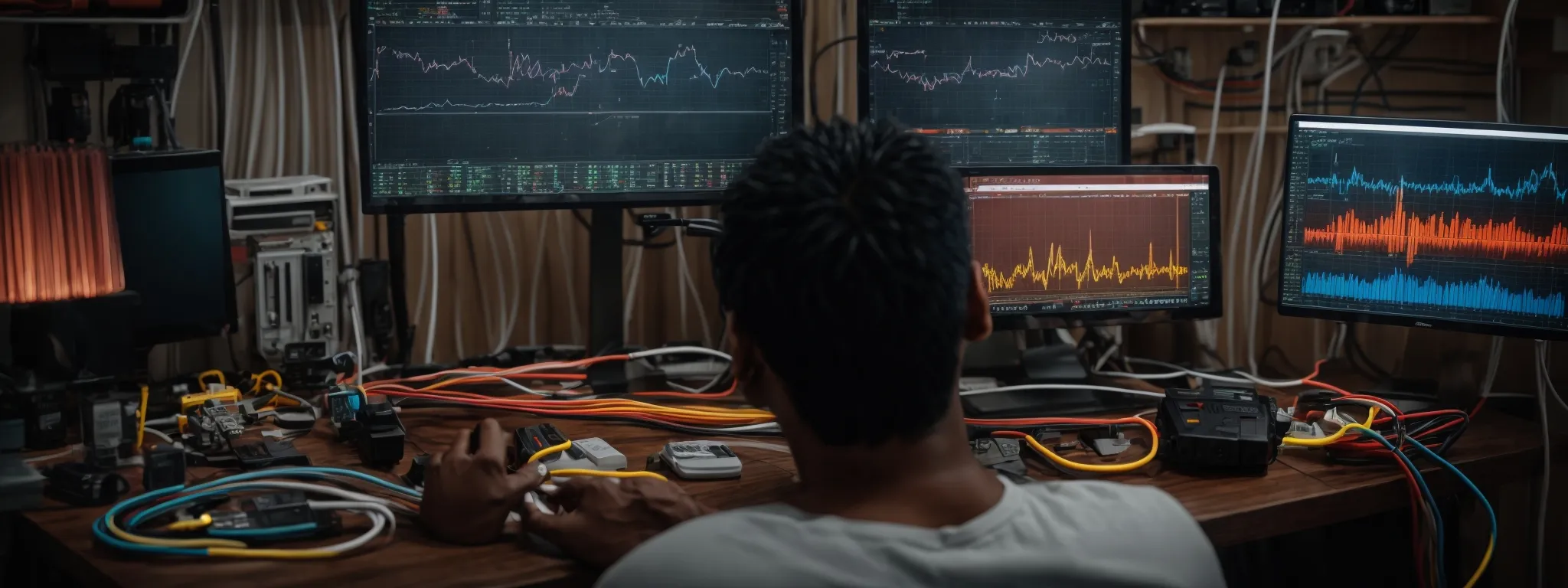 an electrician consults a laptop displaying colorful seo graphs while surrounded by electrical tools.