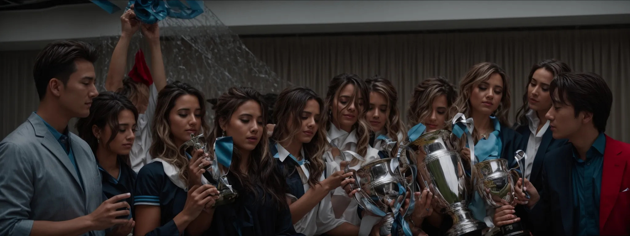 a group of professionals raising a trophy together against an office backdrop.