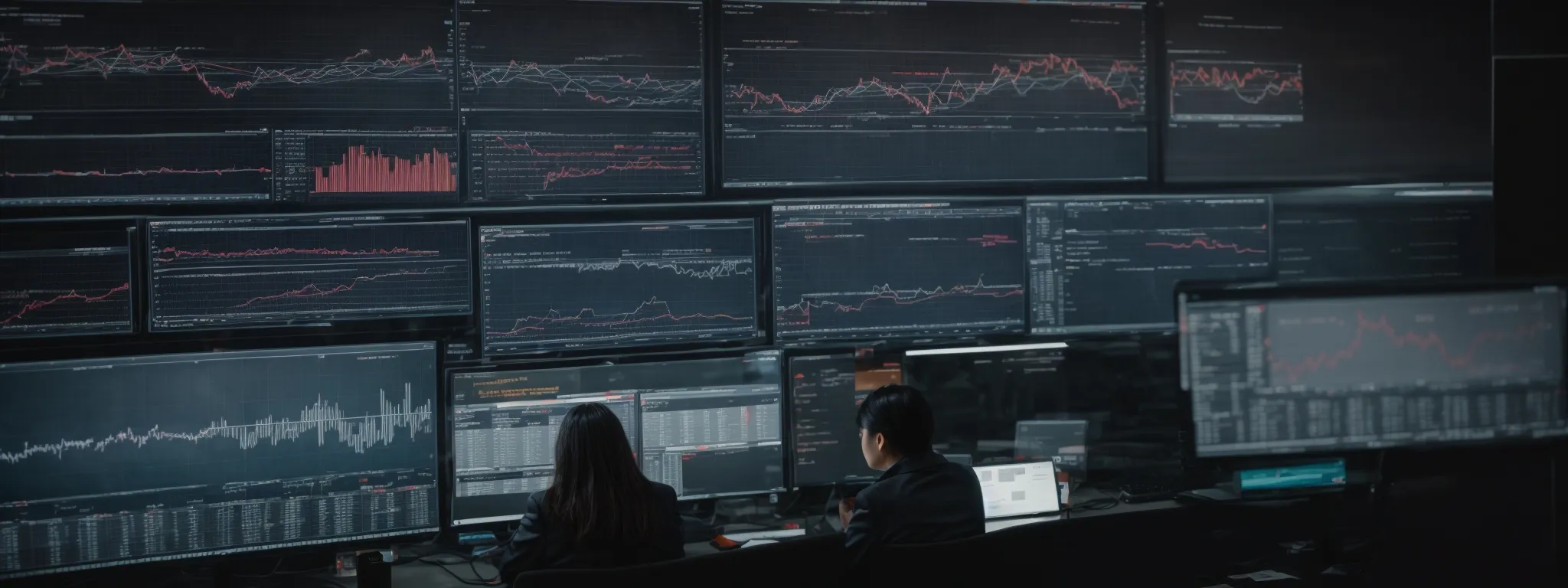 a person observing a complex analytics dashboard on a computer screen, displaying various charts and graphs related to website traffic sources.