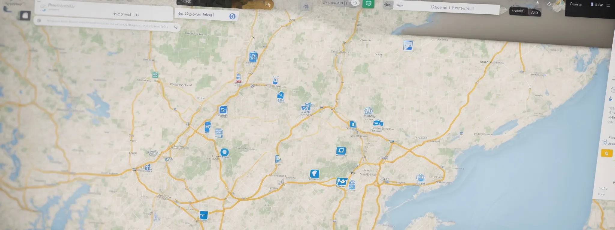 a browser on a laptop displaying a map of ann arbor with various hyperlinked local business icons.
