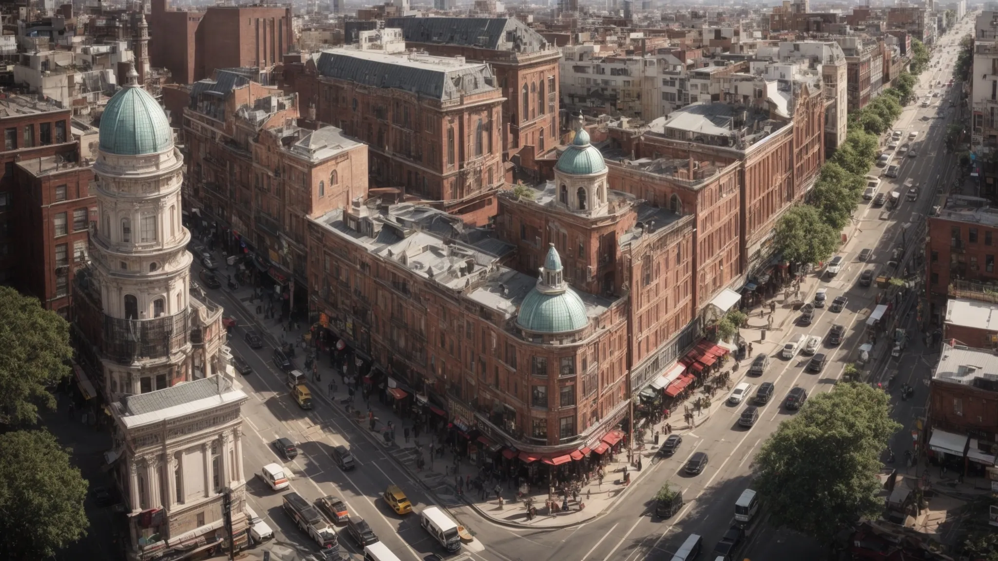 a panoramic view of a bustling cityscape with a diverse selection of local businesses lining the streets, representing the potential reach of local seo practices.