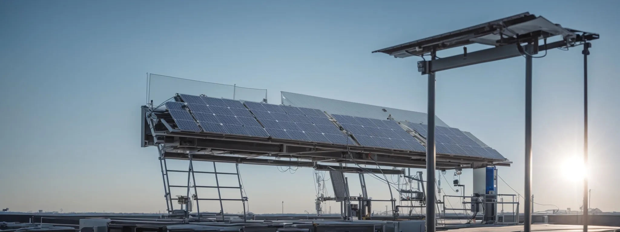a solar panel array on a rooftop against a clear blue sky.