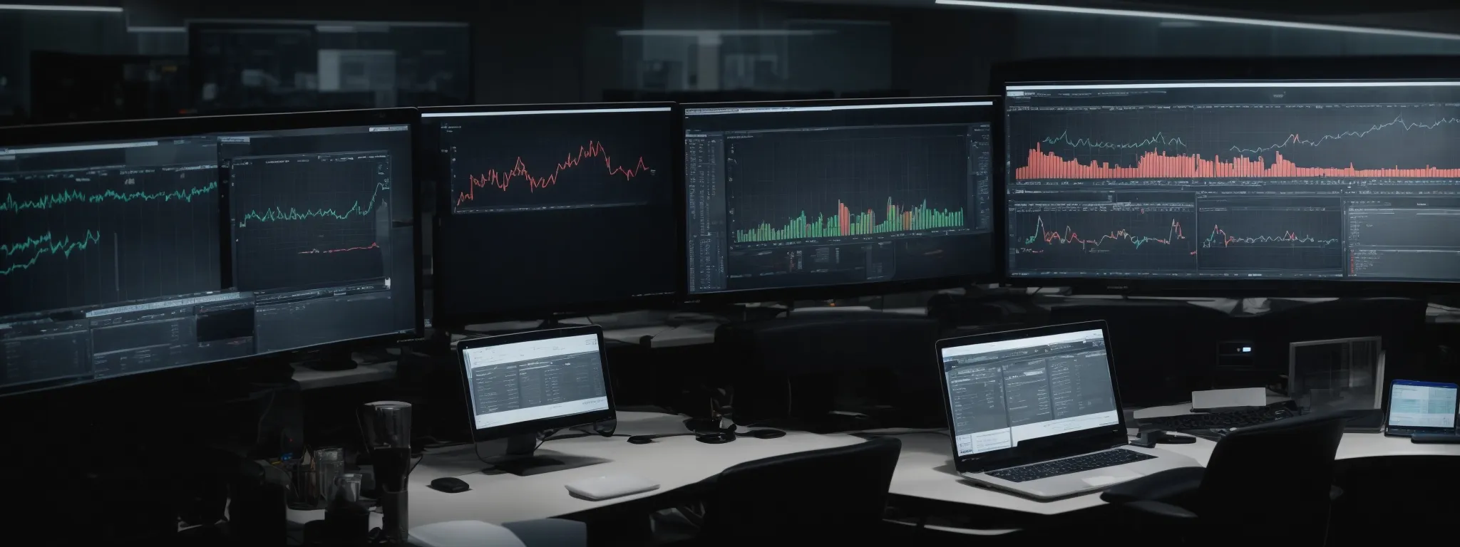 a person sits at a spacious desk with multiple computer monitors displaying analytical graphs and website data.