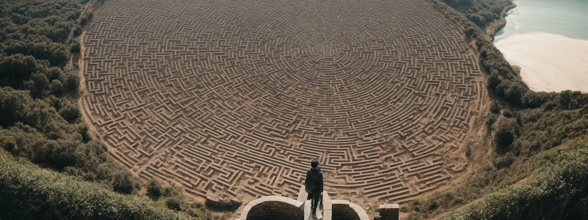 a person standing at the entrance of a large, intricate maze under a clear sky, visualizing a path toward the distant center.